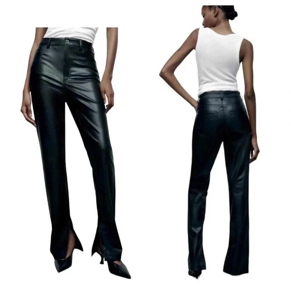 ZARA Women’s Faux Leather High Waisted Flared Split Hem Wide Leg Pants Size 12